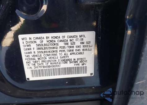 2006 Honda Pilot Ex z USA, uszkodzony, nr VIN 2HKYF18456H562017
